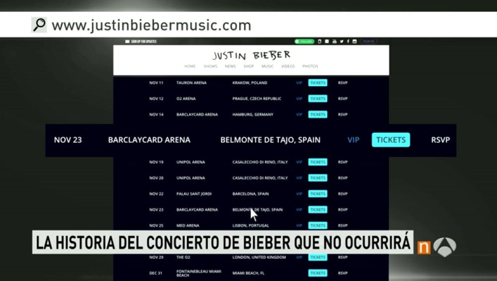 Página web oficial de entradas para conciertos de Justin Bieber