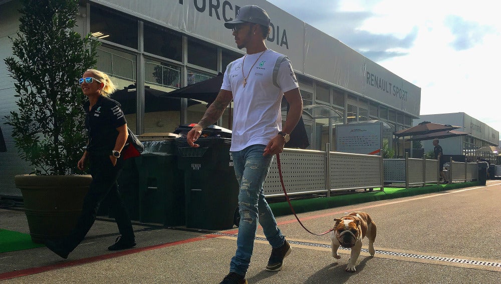 Hamilton, con Coco en el paddock de Austin