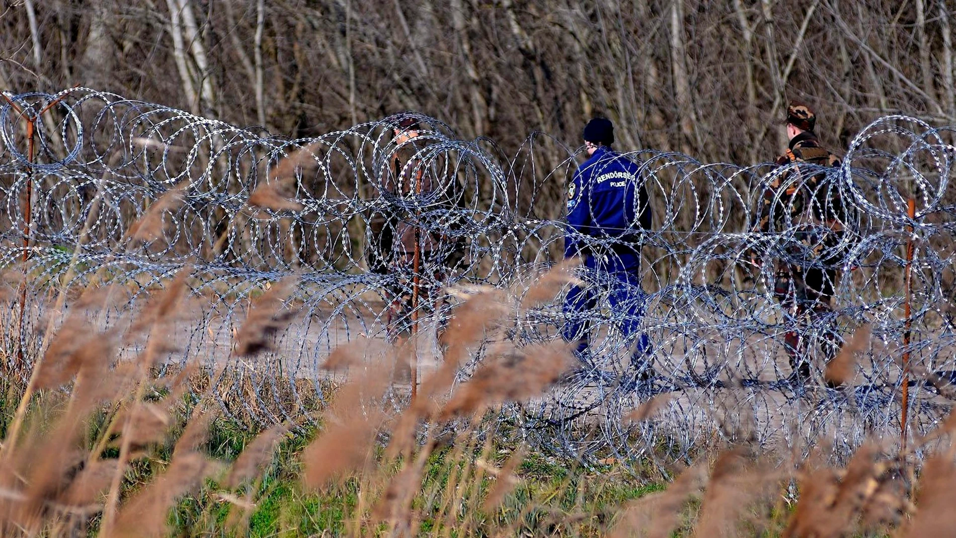 Policías y soldados húngaros patrullan junto a la valla temporal que separa la frontera entre Serbia y Hungría Policías y soldados húngaros patrullan junto a la valla temporal que separa la frontera entre Serbia y Hungría