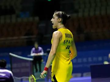 Carolina Marín celebra un punto durante su debut en el Abierto de China Carolina Marín celebra un punto durante su debut en el Abierto de China