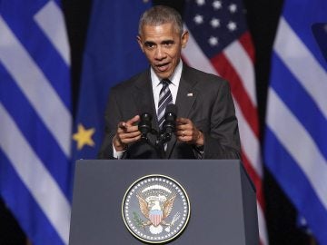 El presidente de los Estados Unidos, Barack Obama, ofrece un discurso en el Centro Cultural de la Fundación Stavros Niarchos en Atenas