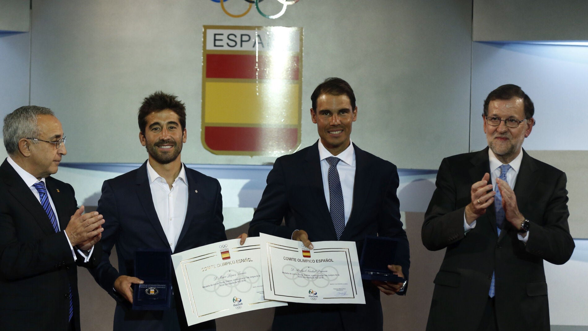Mariano Rajoy junto a Nadal y Marc L&oacute;pez