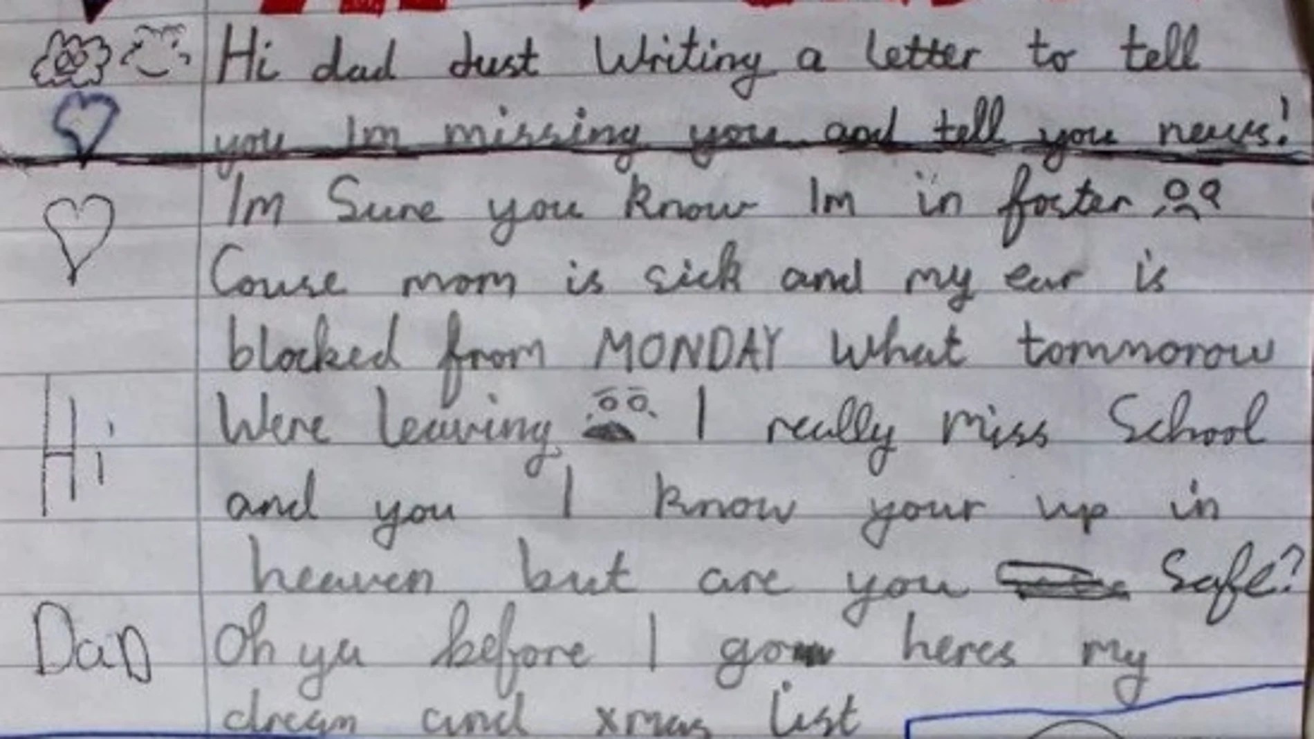 Carta escrita por un niño a su padre fallecido Carta escrita por un niño a su padre fallecido