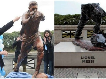La estatua de Messi en Buenos Aires cuando se inauguró... y el estado en el que quedó tras el ataque