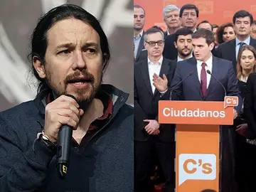 Pablo Iglesias y Albert Rivera con su equipo Pablo Iglesias y Albert Rivera con su equipo