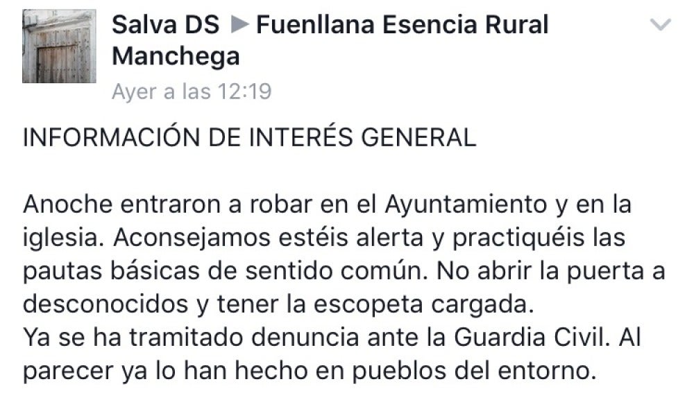 Captura del mensaje del alcalde en Facebook