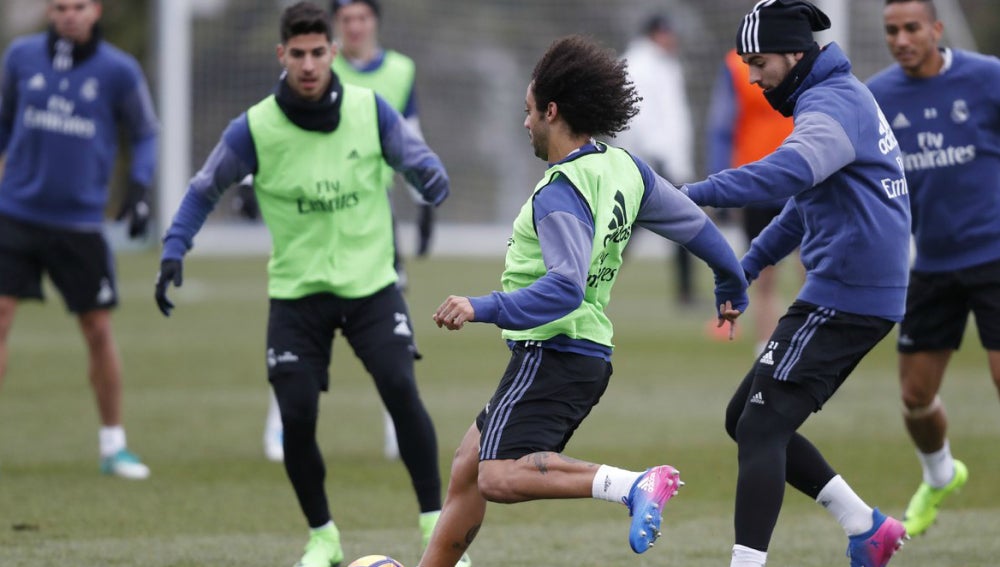 Marcelo en un entrenamiento con el Real Madrid