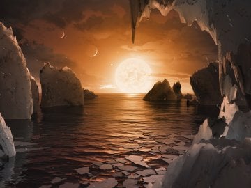Concepto artístico de cómo podría ser la superficie del exoplaneta TRAPPIST-1f