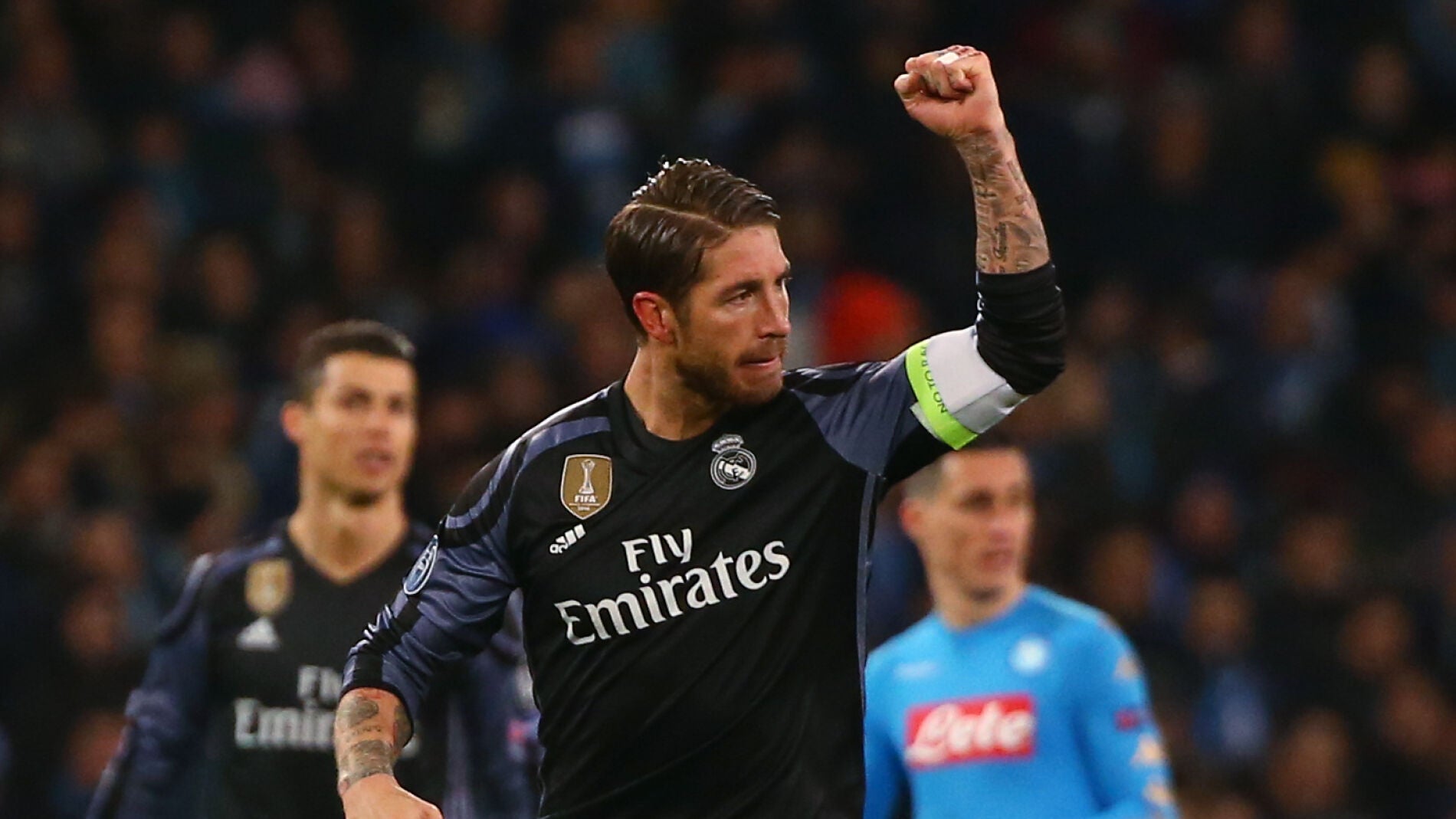 Sergio Ramos celebra sus goles al N&aacute;poles