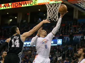 Russell Westbrook hace una bandeja ante la defensa de Green Russell Westbrook hace una bandeja ante la defensa de Green