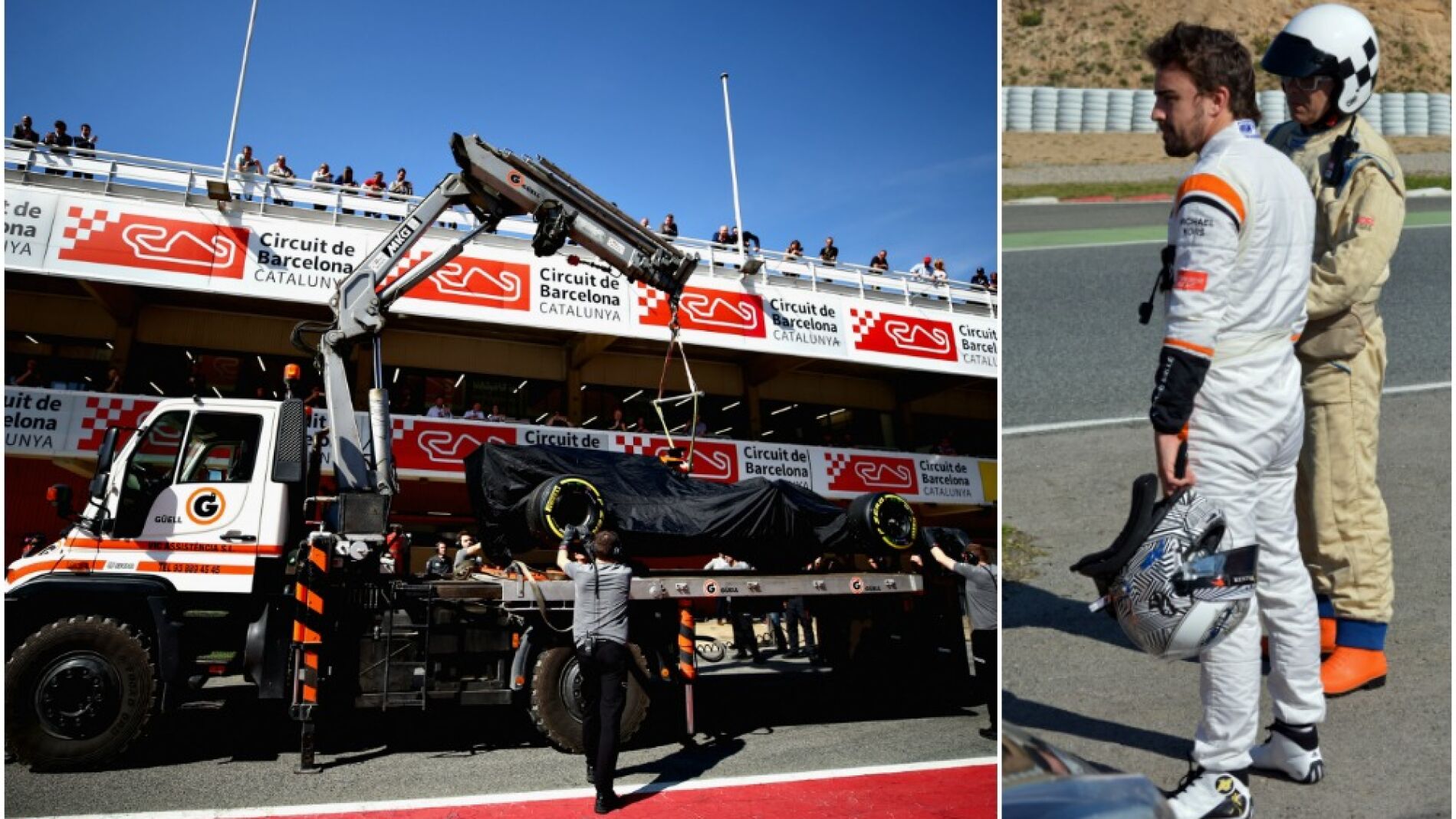 El McLaren, subido en la gr&uacute;a