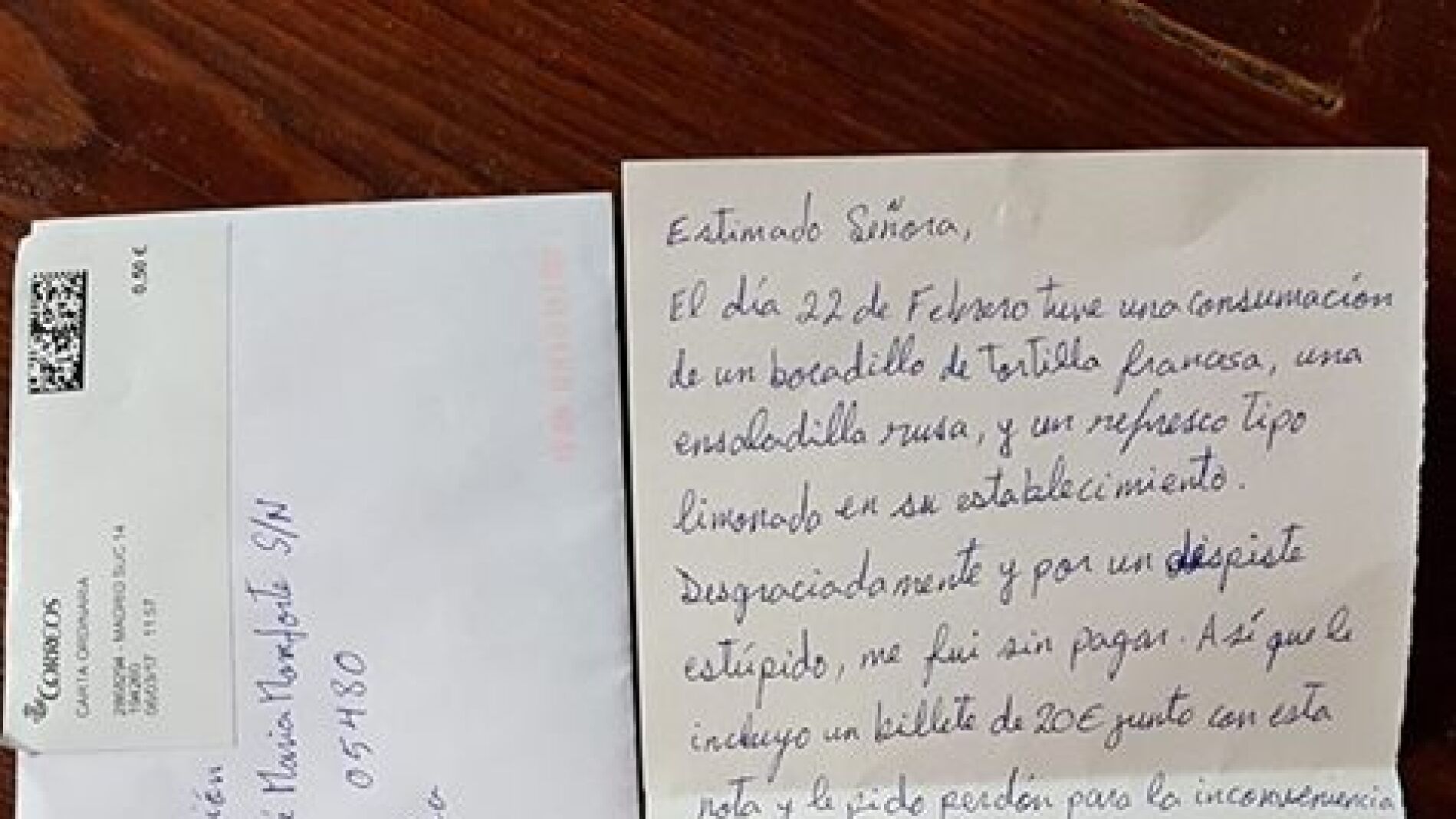 Carta del cliente que olvid&oacute; pagar su consumici&oacute;n