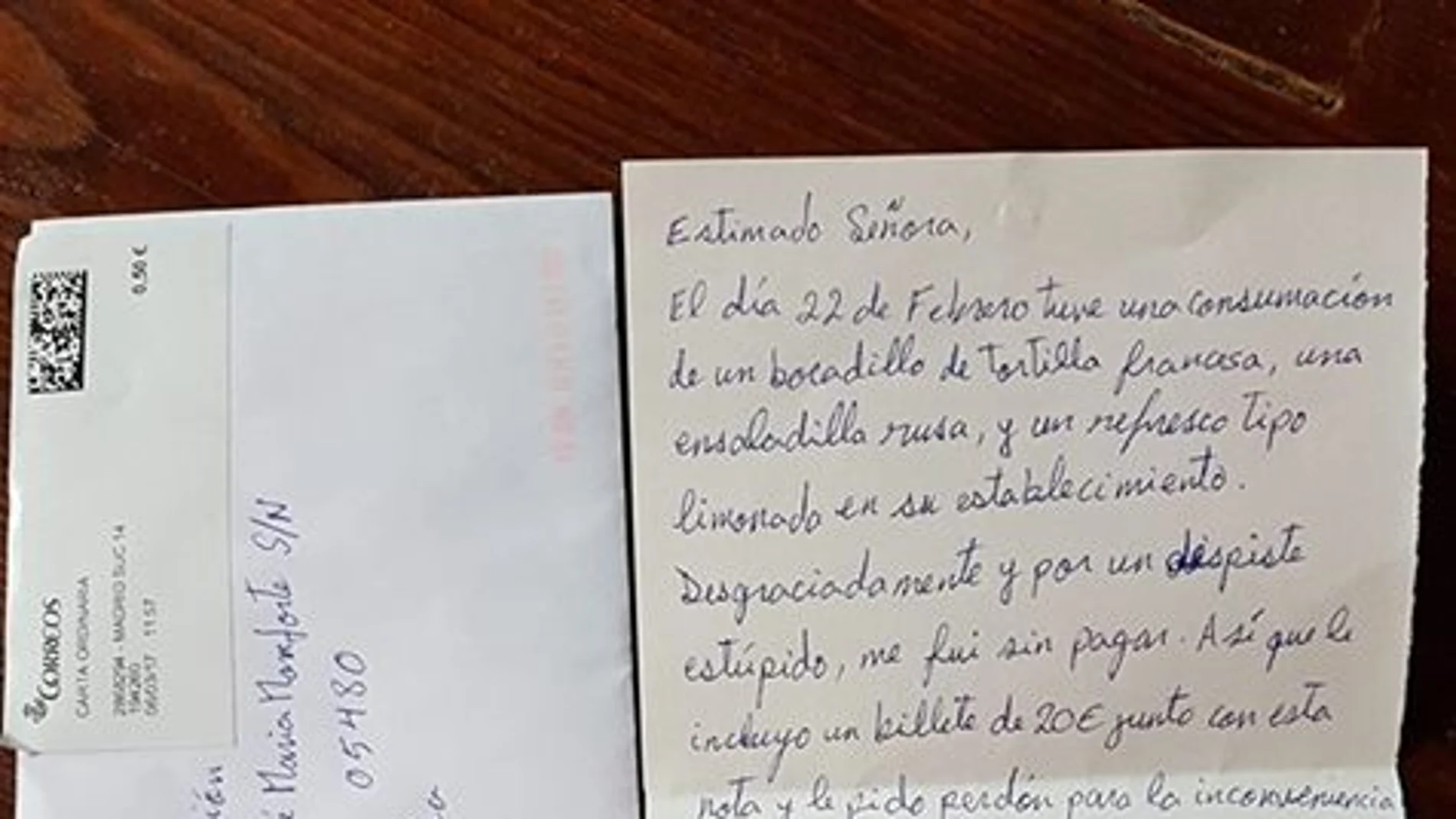 Carta del cliente que olvidó pagar su consumición Carta del cliente que olvidó pagar su consumición