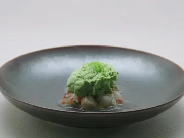 Ceviche de cigalas y vieiras con roca nitro de leche de tigre Ceviche de cigalas y vieiras con roca nitro de leche de tigre