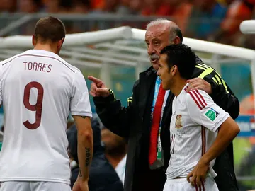 Vicente del Bosque da instrucciones a Pedro durante un partido Vicente del Bosque da instrucciones a Pedro durante un partido