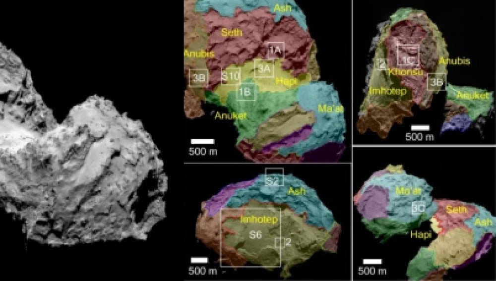 El cometa 67P y, a la derecha, éste visto desde distintas orientaciones, con las regiones delimitadas.