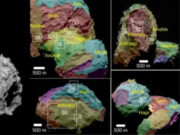 El cometa 67P y, a la derecha, éste visto desde distintas orientaciones, con las regiones delimitadas. El cometa 67P y, a la derecha, éste visto desde distintas orientaciones, con las regiones delimitadas.