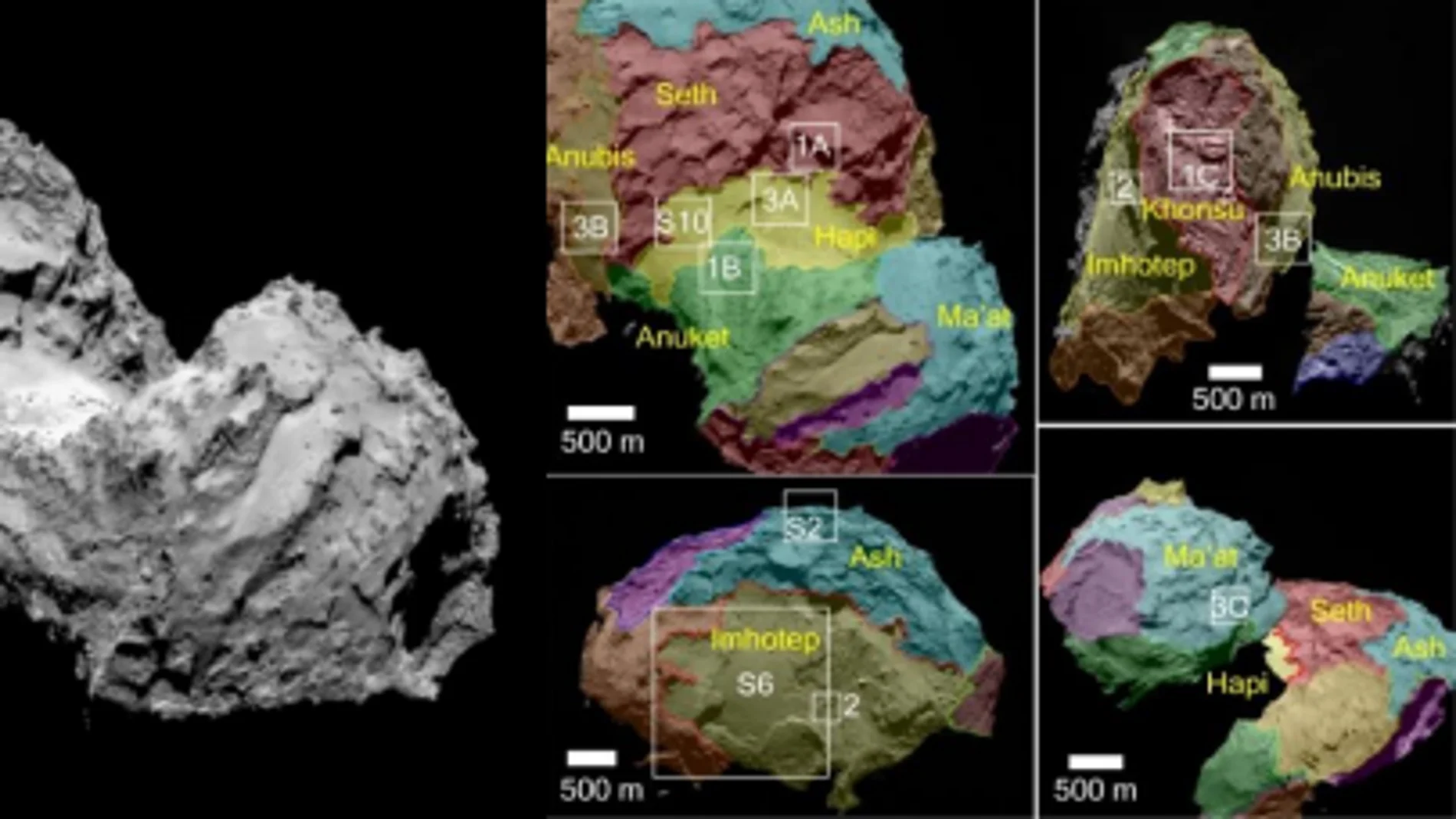 El cometa 67P y, a la derecha, éste visto desde distintas orientaciones, con las regiones delimitadas. El cometa 67P y, a la derecha, éste visto desde distintas orientaciones, con las regiones delimitadas.