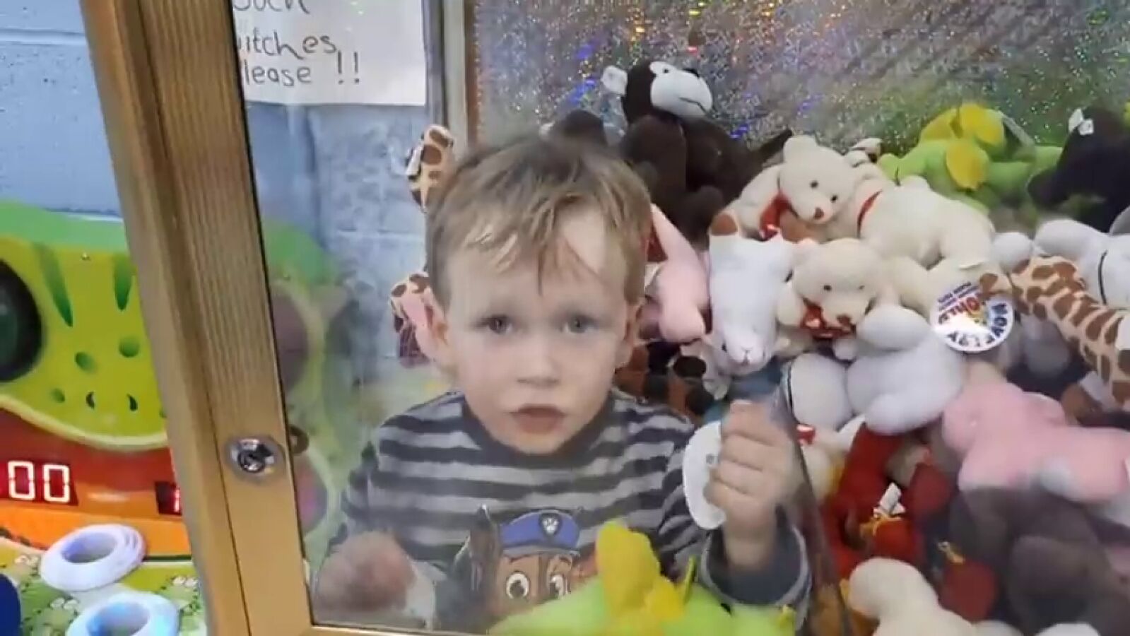 Un niño se introduce en una máquina de juguetes para obtener un peluche