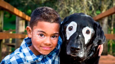 Un niño de 8 años con vitíligo conoce en persona a Rowdy, un perro que sufre la misma enfermedad 