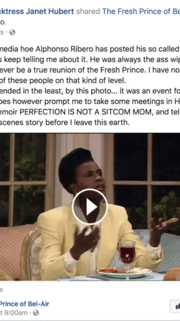 Captura de pantalla del mensaje de Janet Hubert en su cuenta de Facebook Captura de pantalla del mensaje de Janet Hubert en su cuenta de Facebook