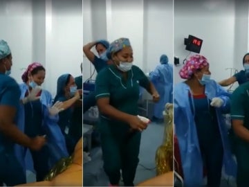 Varios momentos del baile de las enfermeras en pleno quirófano