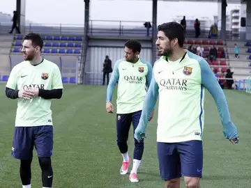 Messi, Suárez y Neymar en el entrenamiento del Barcelona Messi, Suárez y Neymar en el entrenamiento del Barcelona
