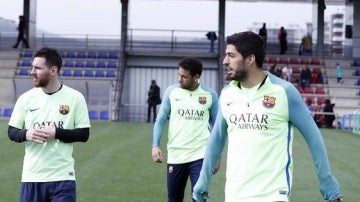 Messi, Suárez y Neymar en el entrenamiento del Barcelona
