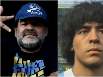 Maradona, junto a su caracterización en el PES 2017