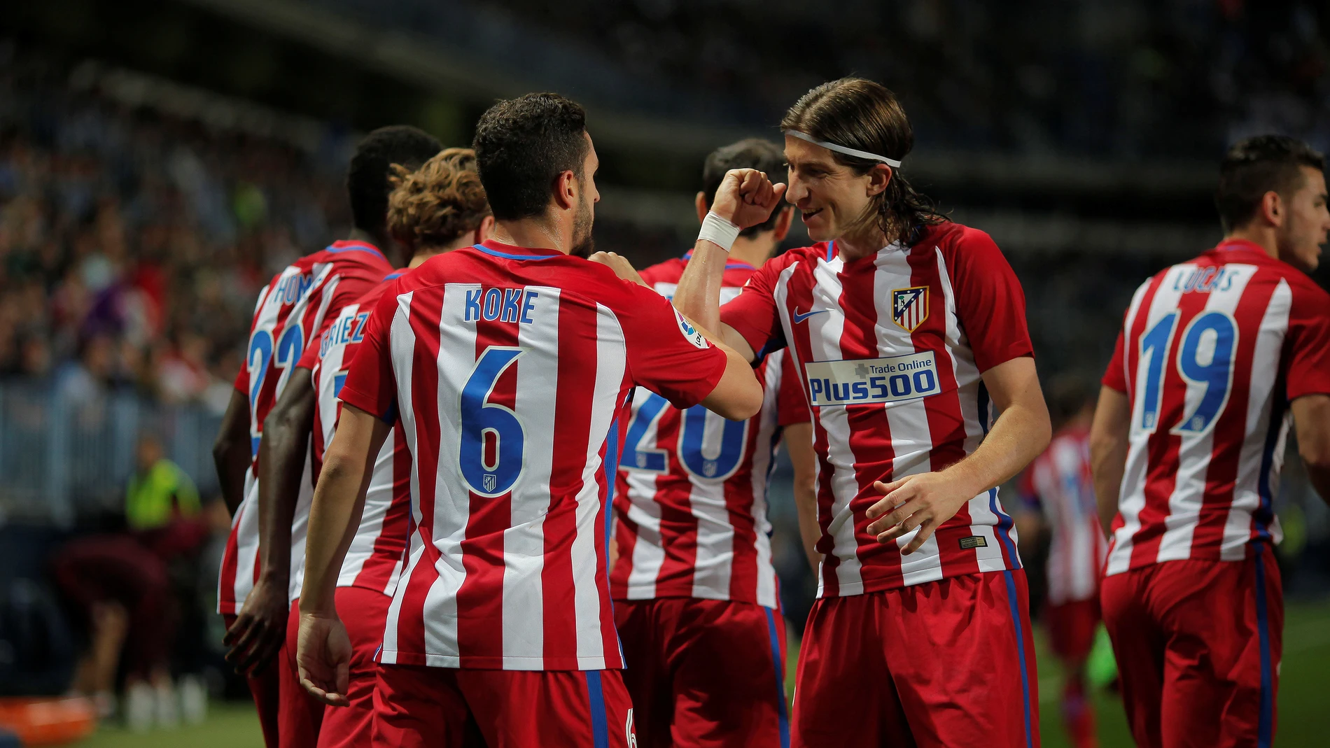 Los jugadores del Atlético de Madrid celebran el gol de Koke contra el Málaga Los jugadores del Atlético de Madrid celebran el gol de Koke contra el Málaga
