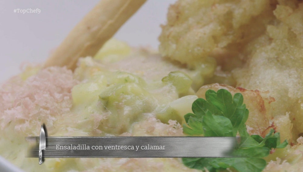 Ensaladilla rusa de calamar y ventresca de atún, con mayonesa de mejillón y salicornia