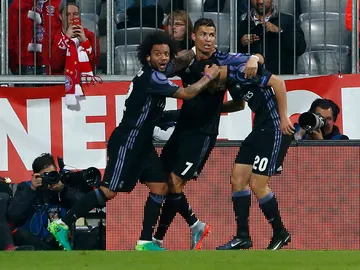 Cristiano Ronaldo celebra su segundo gol ante el Bayern con Marcelo y Asensio Cristiano Ronaldo celebra su segundo gol ante el Bayern con Marcelo y Asensio