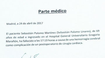 Parte médico del fallecimiento de Palomo Linares