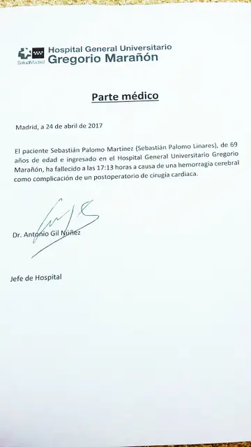 Parte médico del fallecimiento de Palomo Linares Parte médico del fallecimiento de Palomo Linares