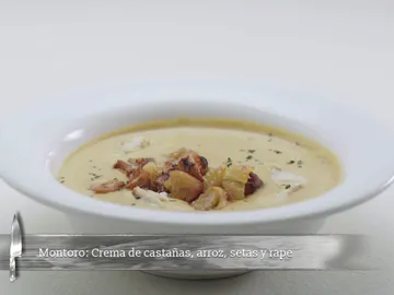 Crema de castañas y berenjena con arroz, rape y lengua de gato Crema de castañas y berenjena con arroz, rape y lengua de gato