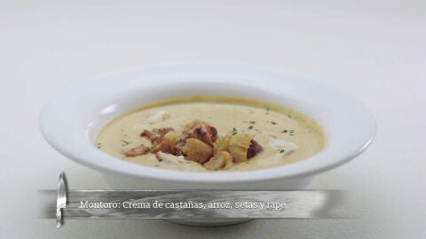 Crema de casta&ntilde;as y berenjena con arroz, rape y lengua de gato