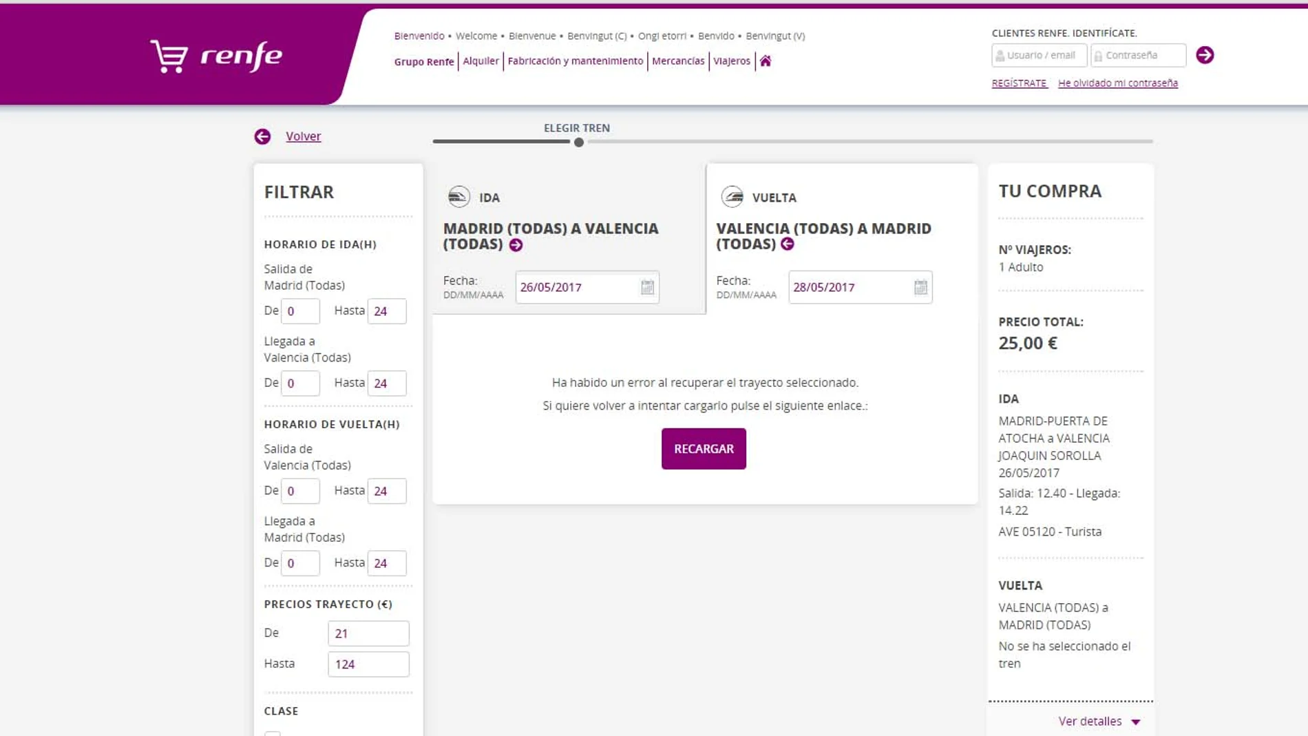 Mensaje de error en la web de compra de Renfe Mensaje de error en la web de compra de Renfe
