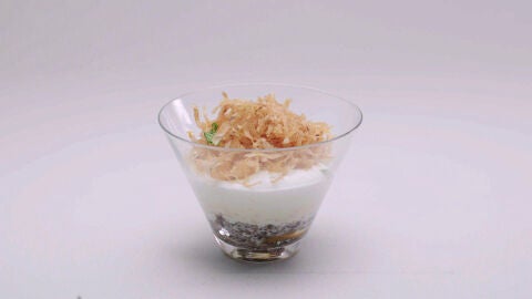Arroz con leche en dos texturas con churros