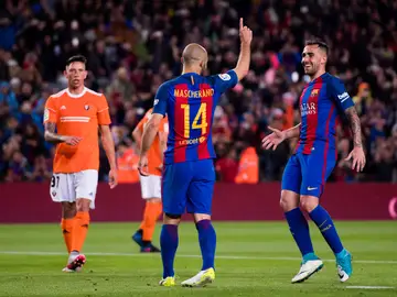 Mascherano celebrando su primer gol con el Barça Mascherano celebrando su primer gol con el Barça