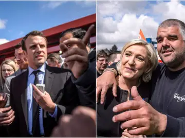 Emmanuel Macron y Marine Le Pen en sus respectivas visitas a los huelguistas de Whirpool Emmanuel Macron y Marine Le Pen en sus respectivas visitas a los huelguistas de Whirpool