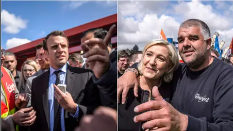Emmanuel Macron y Marine Le Pen en sus respectivas visitas a los huelguistas de Whirpool Emmanuel Macron y Marine Le Pen en sus respectivas visitas a los huelguistas de Whirpool