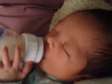 Un bebé sostiene su biberón sin ayuda Un bebé sostiene su biberón sin ayuda