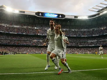 Sergio Ramos y Cristiano Ronaldo celebran el gol del portugués Sergio Ramos y Cristiano Ronaldo celebran el gol del portugués