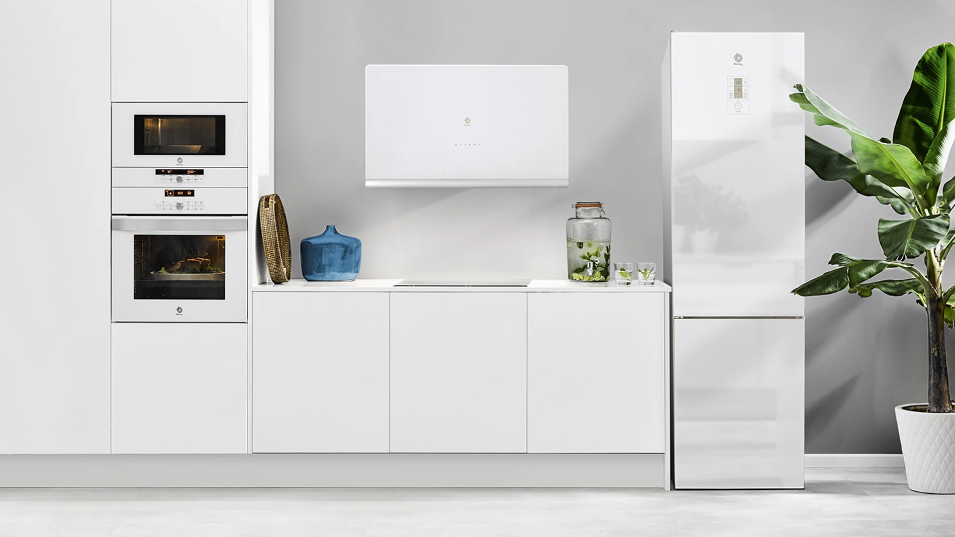 Cocina con electrodomésticos en cristal blanco. Cocina con electrodomésticos en cristal blanco.