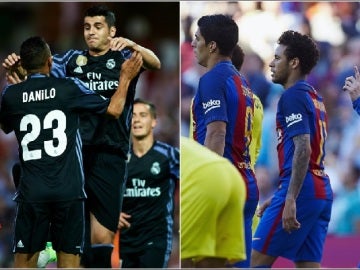 Los jugadores de Real Madrid y Barcelona celebran un gol