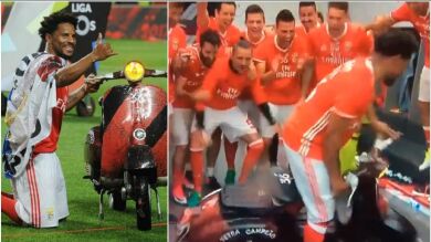 La increíble y loca celebración de Eliseu ¡con una Vespa customizada dentro del vestuario!