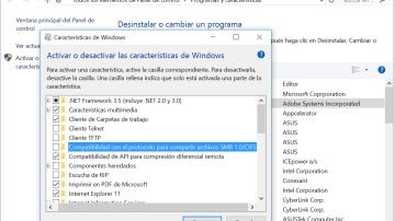 Captura sobre panel de Windows para desactivación de protocolo SMB