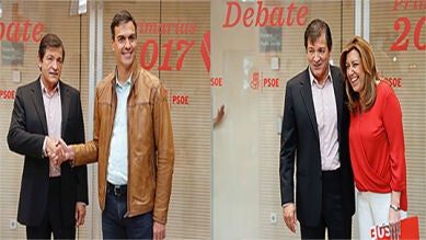 Javier Fernández recibe en Ferraz con un frío apretón de manos a Sánchez y con un efusivo abrazo a Díaz