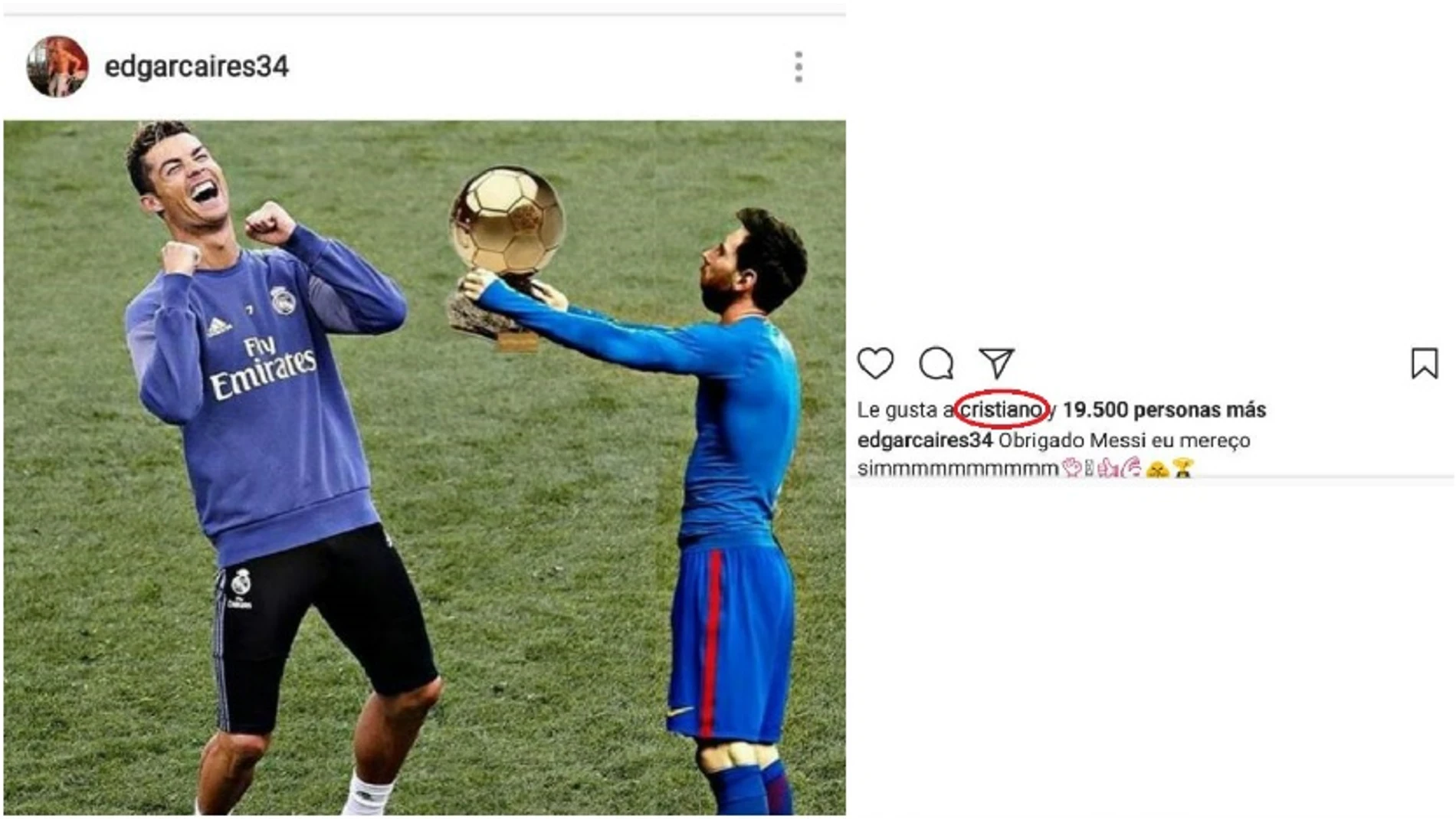 Meme de Cristiano y Messi con 'me gusta' de Cristiano