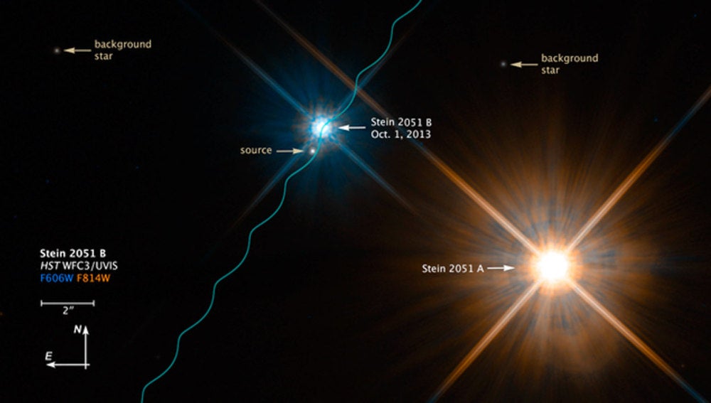 Esta imagen divulgada por el telescopio espacial Hubble muestra el sistema de estrellas binarias Stein 2051